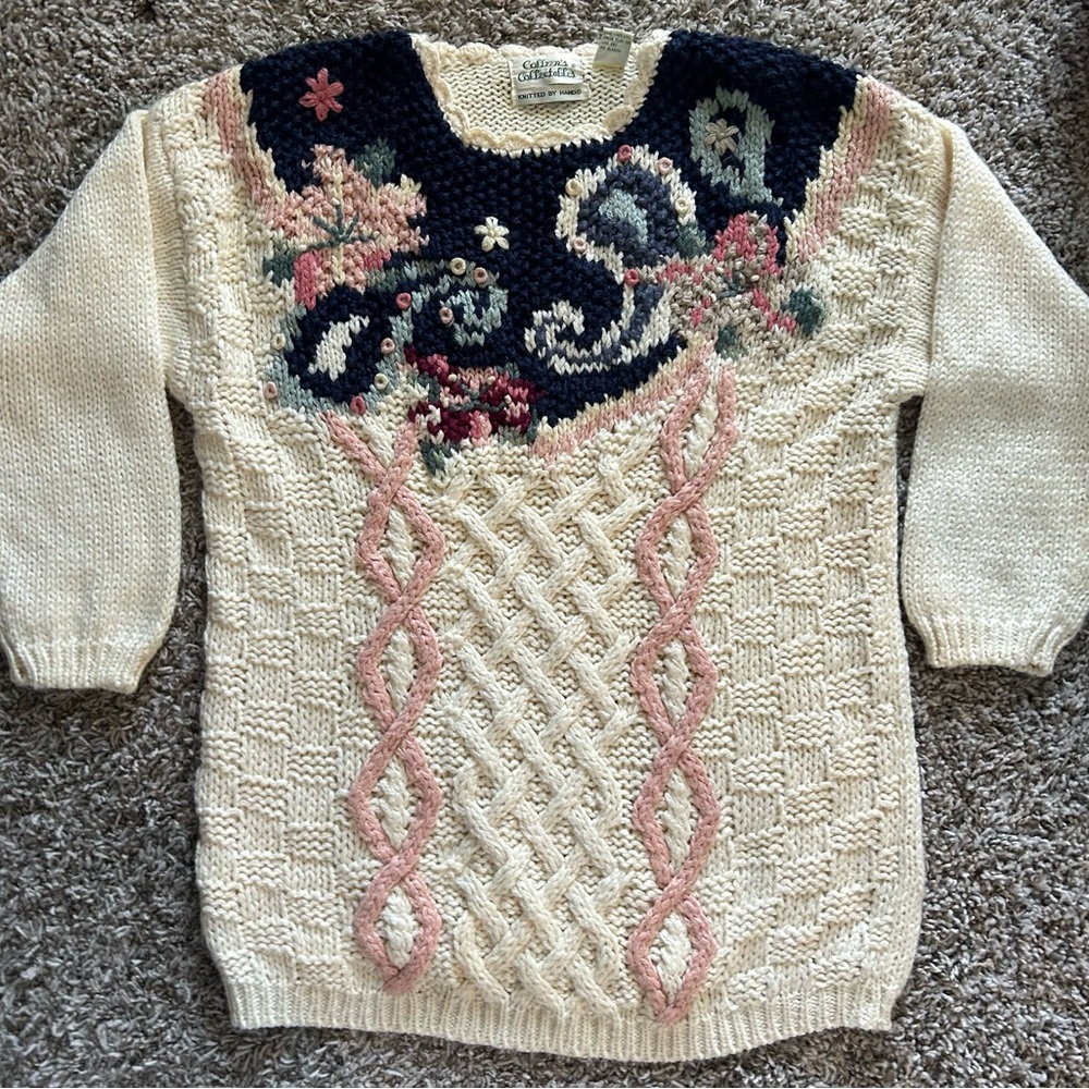 Women's Cream and Pink Sweater with Floral Design